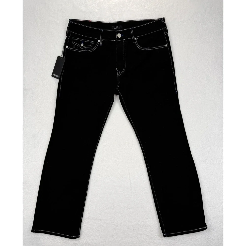 True Religion Ricky Relaxed Straight Jeans Rinse Black Contrast Stitch Mens 36